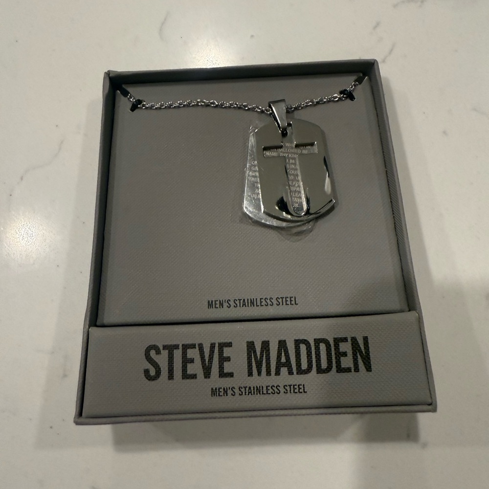 Steve Madden Silver Stainless Steel Dog Tag Necklace